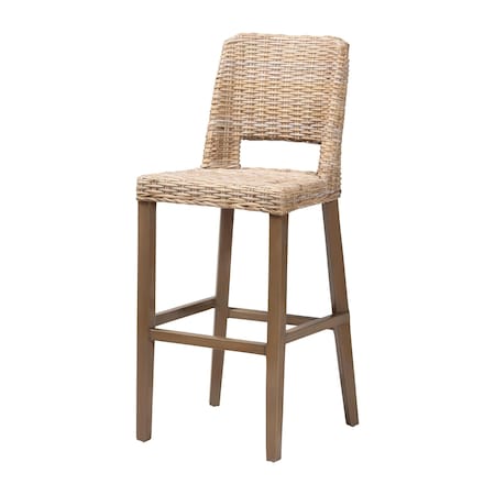 Bali & Pari Magy Modern Bohemian Grey Kubu Rattan and Mahogany Wood Bar Stool 245-13714-ZORO